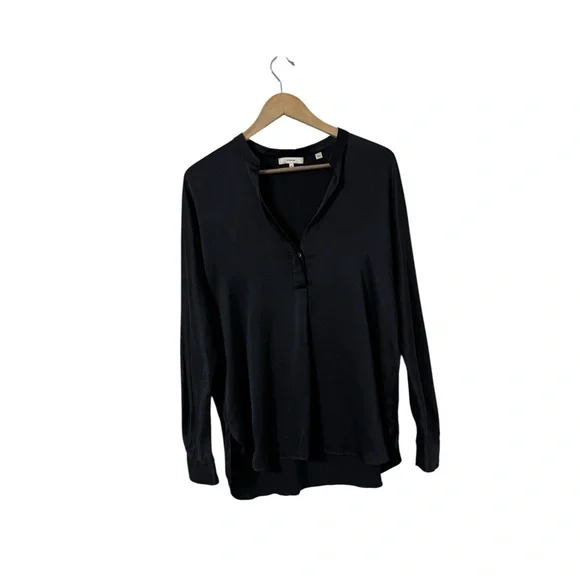 VINCE Band Collar Silk Navy Long Sleeve Blouse Top - Picture 3 of 8